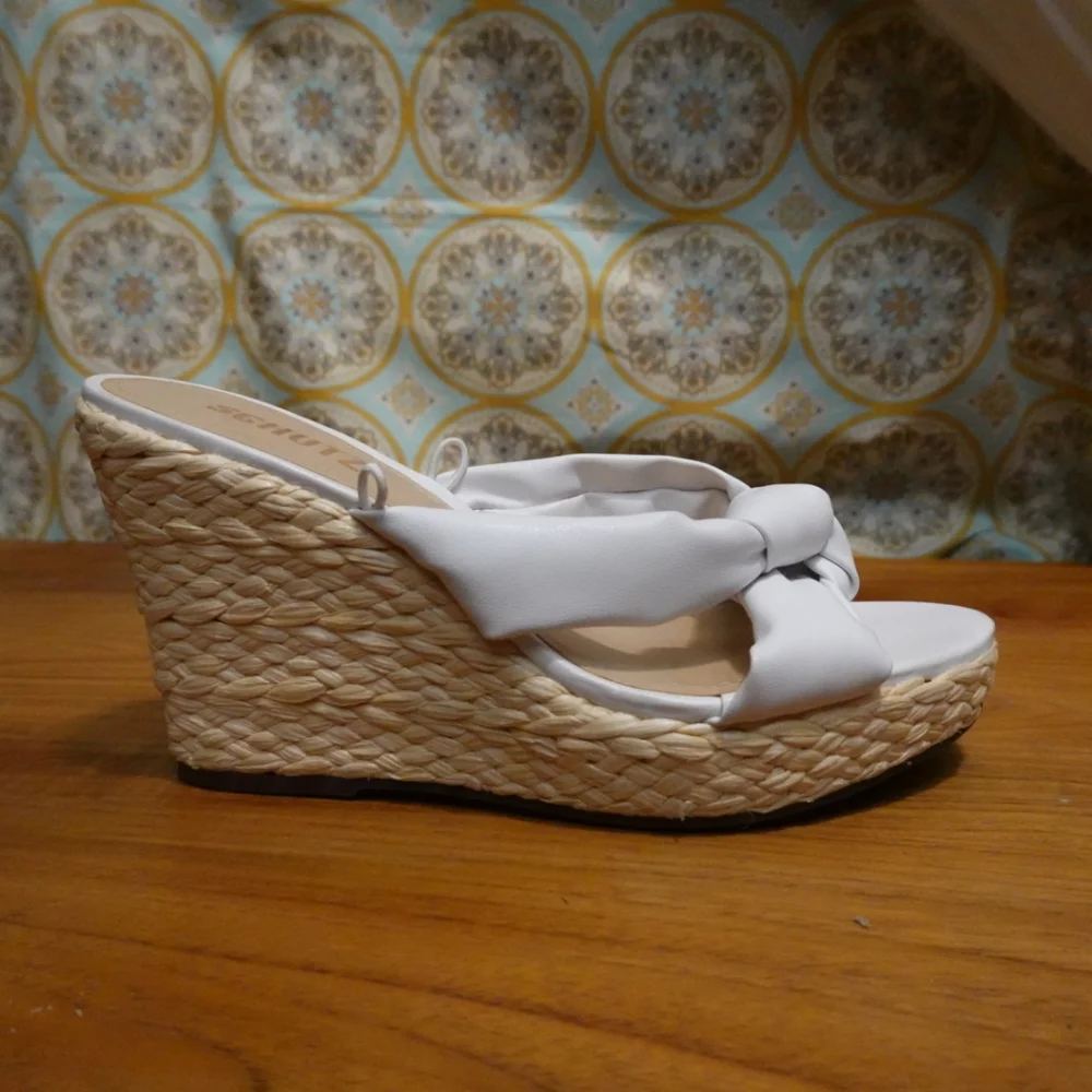 SCHUTZ White Slip-on Mule Sandals with Woven Raffia Covered Wedge Heel, size 8 - Picture 7 of 9